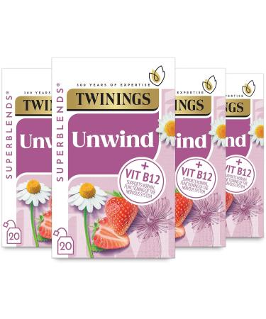 Twinings Superblends Unwind Tea - Strawberry Herbal Tea Infusion with Camomile Lemon Balm Limeflower & Vitamin B12 80 Biodegradable Tea Bags - Buy Online on GoSupps.com