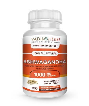 Vadik Herbs Organic Ashwagandha 1000 mg - 120 Vegan Capsules (2 Month Supply) | Ashwagandha Root Extract, Black Pepper - Mood Enhancer, Immune & Thyroid Support