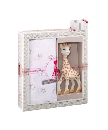 Sophie la girafe Sophiesticated Original Teether with Cotton Blanket Swaddle Gift Set 100% Natural Rubber Baby Teething Toy Baby Gift Box Set with Gift Bag and Card Sophie la girafe Baby Teether Toy & Blanket Gift Set Stars