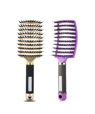 Hairstreaq Detangling Brush  Girls Hair Brush  Boar Bristles Hair Brush  Curved and Vented Detangler Brush for Women Men Kids Wet and Dry Detangling Hair Brush Gold Purple