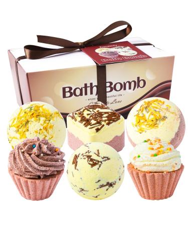 6 Pieces Dessert Bath Bombs Gift Set Assorted Spa Fizzies with Natural Essential Oils Handmade Cupcake Cake and Sprinkle Topped Bath Balls for Relaxation Birthday or Mother's Day Gifts for Women Chocolate