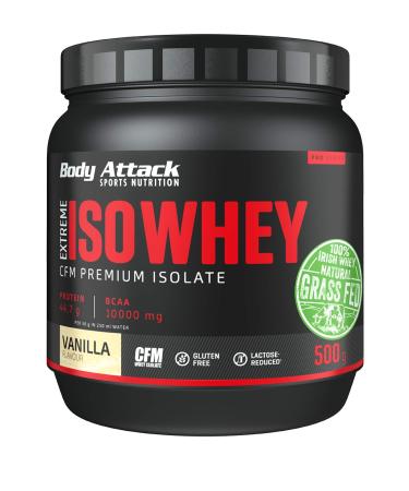 Body Attack Extreme ISO Whey Vanilla 2 x 500g - CFM Whey Protein Isolate from 100% Irish pasture milk gluten -free rich in EAAS perfectly soluble low in fat without aspartame 90.6% isolate content vanilla 500 g (2 pack)