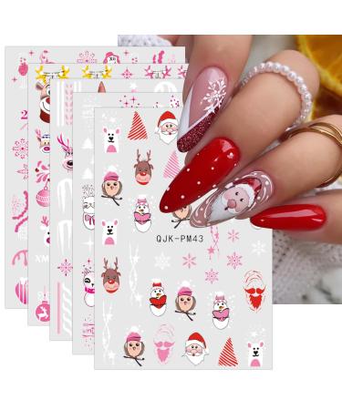 JMEOWIO 10 Sheets Christmas Pink Nail Art Stickers Decals Self-Adhesive Snowflake Winter Holiday Cute Santa Elk Snowman Nail Supplies Nail Art Design Decoration Accessories