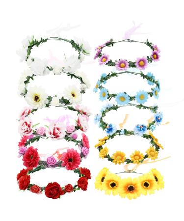 10 Pack Boho Sunflower Daisy Rose Flower Crowns Floral Leaf Wreath With Ribbon Halo Headbands Hair Garland Wreath Headpiece Wedding Bridal Tiara Hairband Hawaiian Party Accessories for Kids Women Girl