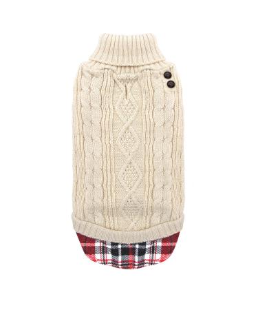 KYEESE Dog Sweater Small with Leash Hole Beige Gingham Patchwork Doggie Sweater Knitwear Pullover Medium (Pack of 1) Beige