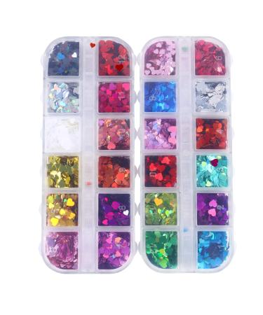 Minkissy heart nail art glitter 2 boxes holographic sequin colored 3d nail seails Valentine's day nail art decorations for women girls