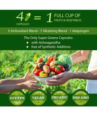 Organic Vegan Super Greens Capsules with Ashwagandha - Immune Support & Energy Boost - Detox Pills with Chlorella, Moringa, Spirulina, Turmeric, Kale - Whole Food Nutrients for Improved Digestion - Buy Online on GoSupps.com
