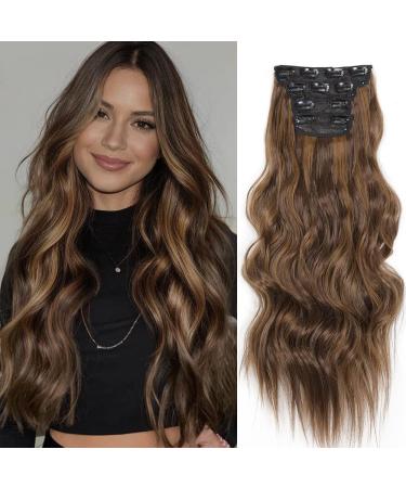YDDM Hair Extensions Clip in Extensions Wavy hair extension with clips full of heads like real hair hair extreme clips cheap clip extensions synthetic hair part for women (24zoll 4pcs) 24 inch 8h27#