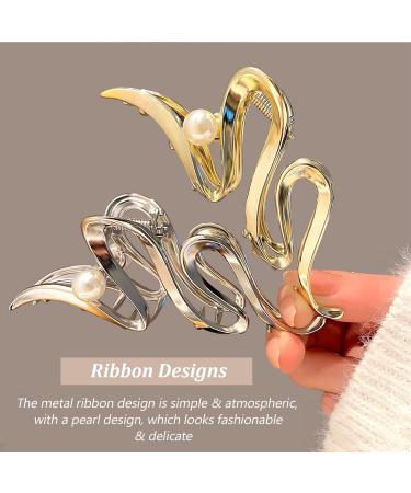 2Pcs Metal Hair Claw Clips - Ribbon Pearl Designs - Geometric Hair Clamp - Trendy Hair Grip - Party Hair Accessories for Women - Sliver Gold - Buy Online on GoSupps.com
