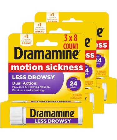 Dramamine All Day Less Drowsy Motion Sickness Relief | 8 tablets | pack of 3 |Packaging may vary