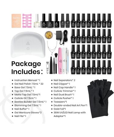 Beetles Gel Nail Polish Kit - 32 Colors Glitter Set with 36W UV LED Light | Soak Off Base Top Coat Builder Blooming Temperature Color Changing Gel - Manicure DIY Home - Buy Online on GoSupps.com