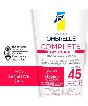 Garnier Ombrelle Complete Dry Touch Sunscreen Lotion SPF 45 For Face & Body For Sensitive Skin Water-Resistant Non-Greasy Non-Sticky Hypoallergenic Fragrance-Free High Broad Spectrum UVA/UVB Protection 90ml - Buy Online on GoSupps.com