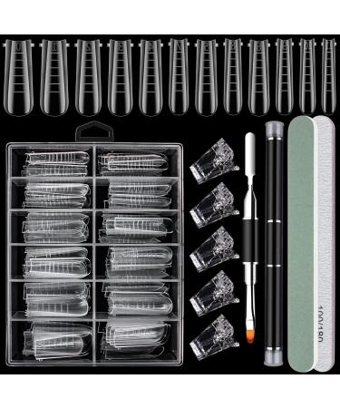 Dual Nail Form Set Clear Gel Nail Extension Mold 12 Sizes with Scale Full Cover Gel Coffin Nails Dual-ended Gel Brush and Nail File Nail Tips Clip Buffer Polisher 128