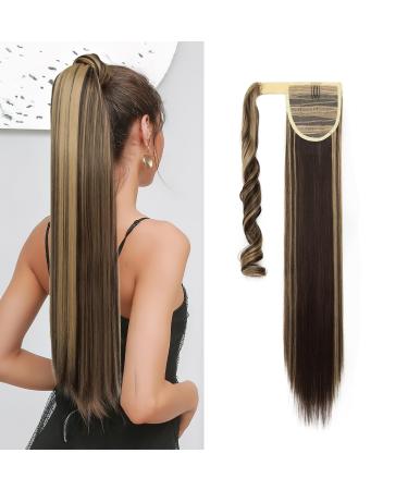 S-noilite Trendy 23"(58cm) Straight Wrap around Ponytail Clip in Hair Extension Strap Pony Tail Long Popluar Style Dark Brown & Ash Blonde Dark Brown & Ash Blonde 23 Inch