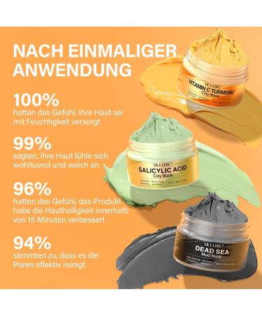 ulluxe Facial Mask Set Turmeric Vitamin C clay mask facial mask with salicylic acid Dead Sea mud facial clay mask for cleaning pores against blackheads dark spots 3x80g - Buy Online on GoSupps.com
