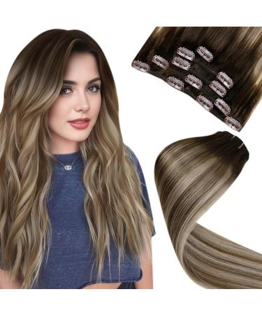 Laavoo ombre real hair clip in extensions brown balayage clip in extensions real hair remy human hair 5 pieces 70g 45cm dark brown medium bruan blond real hair extensions clip in #3/8/24 45cm-70g 4.5 #3/8/24
