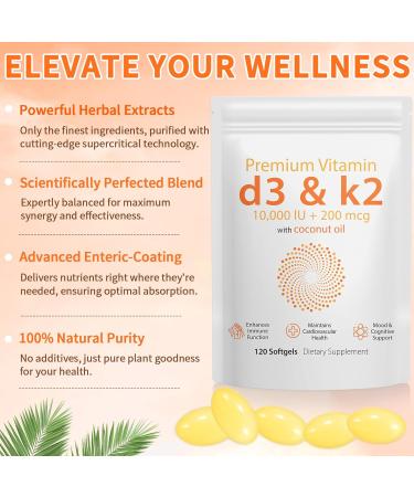 D3 K2 Vitamin 10000 IU - 240 Virgin Coconut Oil Softgels 2 in 1 Vitamin D & K Complex Supplement Softgel - Immune Support and Calcium Absorption Bone and Heart Health (240 Count (Pack of 2)) 1 Count (Pack of 240) - Buy Online on GoSupps.com