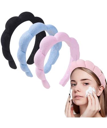 CEVILIA 3pcs Puffy Spa Headband Women Sponge Terry Towel Cloth Fabric Hair Band for Face Washing Versed Headband for Makeup (Black+Blue+Pink)