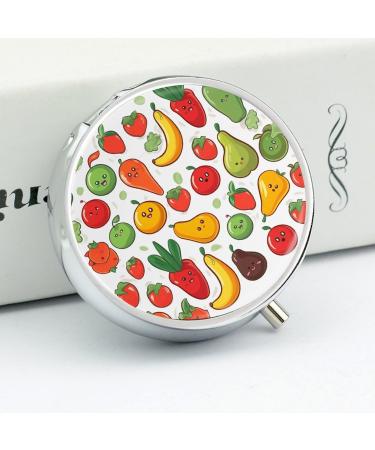 Round Pill Box with Vegetable & Fruit Print - 3 Compartment Portable Metal Pill Organizer - Buy Online on GoSupps.com