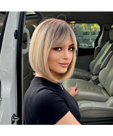 Haircube Short Bob Wig with Bangs - Heat-Resistant Synthetic Fiber for Party Cosplay & Daily Wear - Dark Shadow Blonde - Buy Online on GoSupps.com