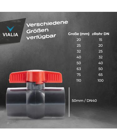 VIALIA PVC Ball Tap 50mm - Double Union Buffer Shut-Off Perfect for Pool & Pond Construction | Durable Adhesive & Screw Connections - Buy Online on GoSupps.com