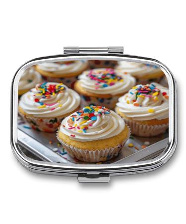 Pill Box with White Icing Print 2 Compartment Medicine Pill Case Pill Organizer Decorative Metal Portable Pill Box for Pocket Or Purse Style