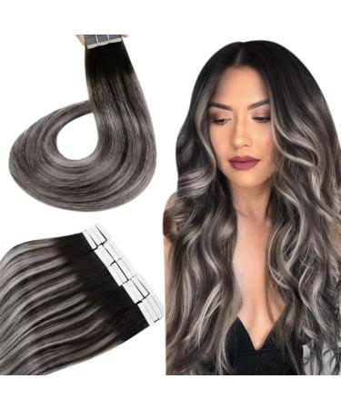 Hetto Extensions Tape Real Hair Balayage Black Real Hair Tape-In Extensions Glow Haircase Tape Real Hair Invisible Balayage Tape Extensions Real Hair Black Silver #1b/Silver/1b 40cm 50g 40 cm 1-2 #1b/silver/1b