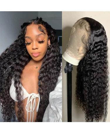 Deep Wave Lace Front Wigs Human Hair Pre Plucked 13x4 HD Lace Front Human Hair Wigs for Black Women Glueless Curly Wig Human Hair With Baby Hair 150% Density Natural Black 24 Inch
