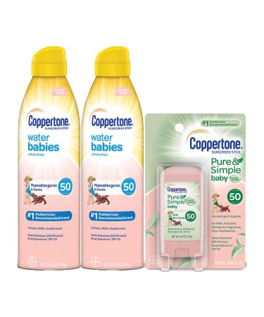 Coppertone WaterBabies SPF 50 Lotion Spray + Pure & Simple Baby Mineral SPF 50 Stick Multipack (6 Ounce Spray, Pack of 2 + 0.5 Ounce Stick) Combo