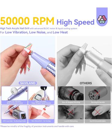 Saviland 50000 RPM Electric Nail Drill Kit - 6000mAH Electric Nail File with Unique Ambiance Light for Acrylic Nails with 13 Nail Drill Bits Nail File Nail Buffer for Nails Manicure and Pedicure Kit 50000rpm Purple - Buy Online on GoSupps.com