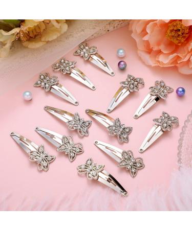 Silver Rhinestone Butterfly Snap Clips - 12 Pieces | Hair Barrettes for Women & Girls | Glitter Jeweled Hair Pins | Wedding Hair Accessories - Buy Online on GoSupps.com