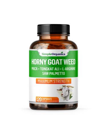 Simple Organica Horny Goat Weed for Men and Women - 120 Capsules, with Maca Root, Tongkat Ali, Saw Palmetto, L-Arginine. Energy, Stamina, Strength, Endurance, Joint Health - Non-GMO Formula