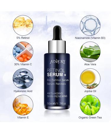 Aeshory Retinol Serum 50ml - High Strength 5% Retinol, 30% Vitamin C, E & Hyaluronic Acid - Anti Aging Facial Serum for Fine Lines & Skin Repair - Buy Online on GoSupps.com