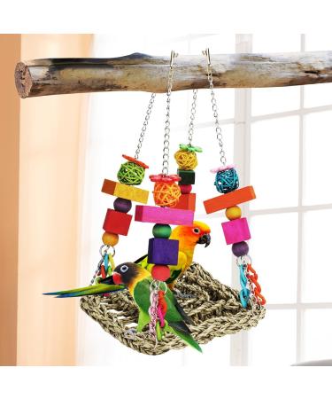 Seagrass Bird Foraging Wall Toy with Colorful Wooden Chewing Toys - Ideal for Parakeets, Conures, Lovebirds & Cockatiels - Buy Online on GoSupps.com