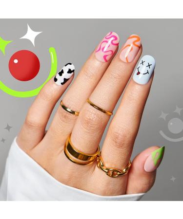 Pink Oval Press-On Nails with Cow Print Design | 24pcs Medium Round Acrylic False Nail Tips Set - Buy Online on GoSupps.com