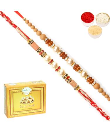 Ghasitaram Gifts Rakhi for Brother Rakhis Online - Set of 2 6299 6340 Pearl Rakhis with 200 GMS of Soan Papdi