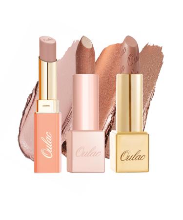 Oulac Lipsticks Set for Women - Nude Lipstick Kit Creamy Texture Hydrating Lip Include Sensual Glow Satin Lipstick Metallic Shine Lipstick and Infinity Mositure Lipstick(SG01 +MSD10+PG06)