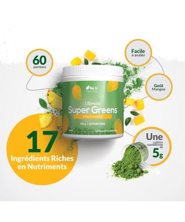  Nu U Nutrition Super Greens | Mango | Green Juice Powder 300g - 17 Active Superfood Ingredients - 60 Servings - With Inulina Spirulina Chlorella Maca Root & More - 100% Vegan Nu U Nutrition - Buy Online on GoSupps.com