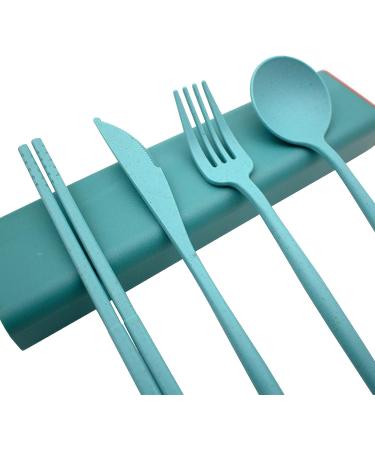 Portable Eco-Friendly Cutlery Set - Wheatgrass Dinnerware Utensils with Knife, Fork, Spoon, Chopsticks - Non-Toxic & BPA Free - Ideal for Travel, Picnic, Camping - Green + Blue - Buy Online on GoSupps.com