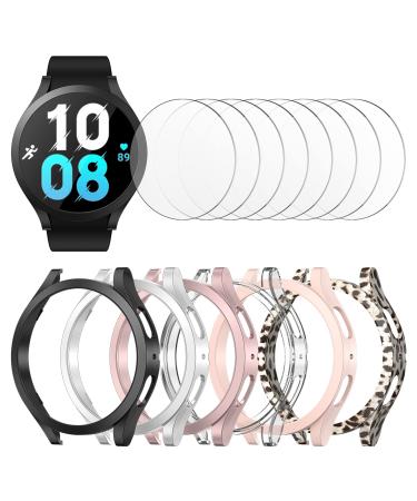 6+8 Pack for Samsung Galaxy Watch 5/Galaxy Watch 4 40mm Screen Protector Case Haojavo 6 Pack Hard PC Cover Protective Bumper Shell + 8 Pack Tempered Glass Film for Galaxy Watch 40mm Accessories black+silver+pink+clear+rosegold+leopard 40mm