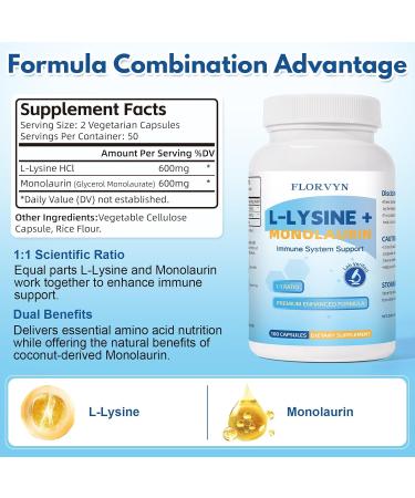 Lysine Monolaurin Capsules 1:1 Ratio Formula Immune Support Oral & Gut Health Lysine + Monolaurin Immune Booster Supplement Non-GMO 100 Vegan Capsules - Buy Online on GoSupps.com