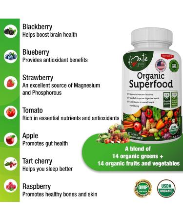 Organic Superfood Greens Fruits Veggies Complex - 120 Count Pack - Antioxidant-Rich Dietary Supplement with 14 Greens, 14 Fruits & Vegetables, Alfalfa - Non-GMO, Organic Ingredients - Buy Online on GoSupps.com
