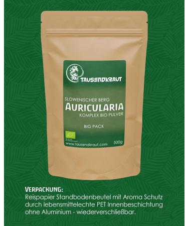  Tausendkraut Auricularia Mille-Herbe Organic Vital Mushroom Powder (500 g) Premium quality Auricularia Auricula (wood ear) finely ground and rich in nutrients - Buy Online on GoSupps.com