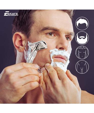 EASACE Long Handle Double Edge Safety Razor Kit - Metal Razor for Men and Women - Includes Stand, Cleaning Brush, and 10 Blades (Silver) - Buy Online on GoSupps.com