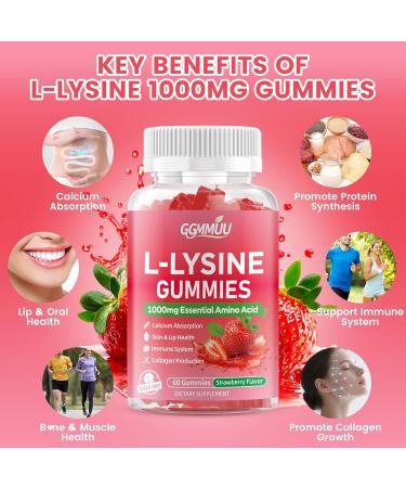 GGMMUU L-Lysine Gummies 1000mg Chewable Lysine Supplement for Adults & Kids Essential Amino Acid Supplement for Lips & Oral Health Immune Support Strawberry Flavor 60 Count - Buy Online on GoSupps.com