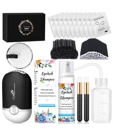 Qinzave 150ml/5.07 fl.oz Eyelash Extension Cleanser with USB Fan, Eyelash Extension Shampoo with Eye Gel Pads Mascara Brushes Micro Brushes, Lash Cleanser for Extensions Perfect for Salon Home Use Black