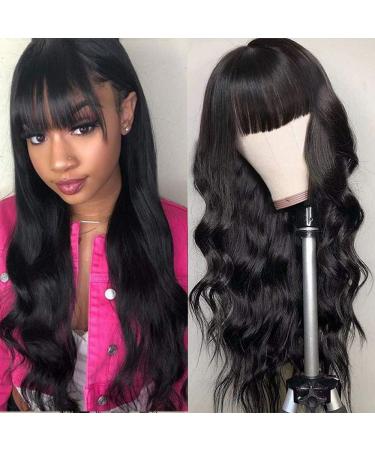 Body Wave Wigs With Bangs Virgin Brazilian None Lace Front Wigs Human Hair Wigs 180% Density Glueless Machine Made Wigs For Black Women (18 inch  body wave) 18 Inch Body Wave