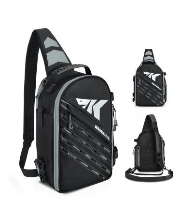 KastKing Bait Boss Fishing Sling Tackle Bag Fishing Shoulder Backpack with Rod Holder Cross Body Sling Bag with D-Rings Molle System Soft Plastic Storage 420D Nylon Bonus Waist Strap C.Black