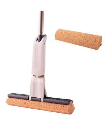 Eyliden Sponge Mop for Floor Cleaning with 2pcs Absorbent Sponge Hands Free Wash Roller Mops for Kitchen Bathroom Office Hardwood Laminate Tile Marble Ceramic Floors Brown