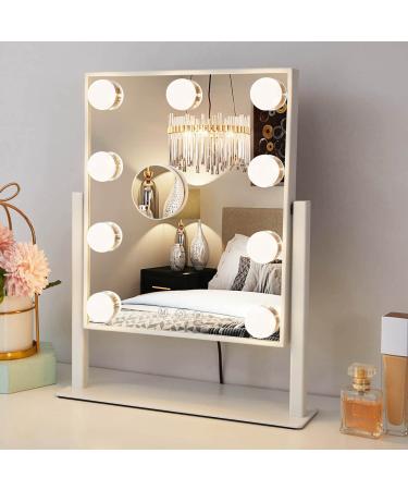 Hompoem Vanity Mirror with Lights 9 Led Bulbs Hollywood Vanity Mirror with Lights Touch Control Design 3 Colors Dimable Detachable 10x Magnification Mirror Lighted Vanity Mirror(White) 9 White